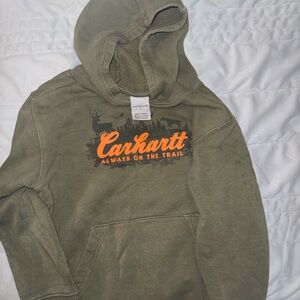 Carhartt Men's Green Hoodie with Orange Logo